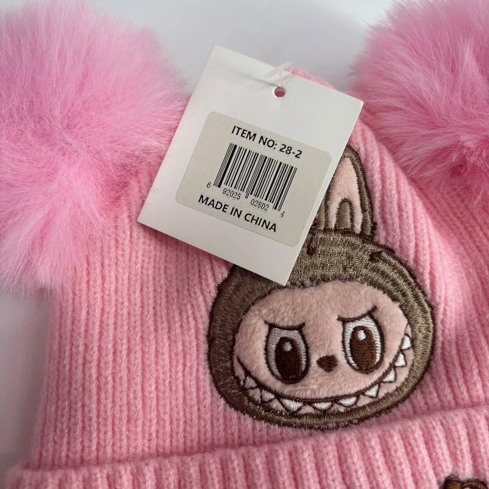 Labubu Double Pom Pom Beanie Kids One Size Pink Embroidered Ribbed Knit Hat